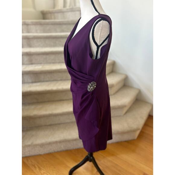 Alex Evenings Dark Purple Draped Embellished Sleeveless Sheath Dress - Picture 4 of 9